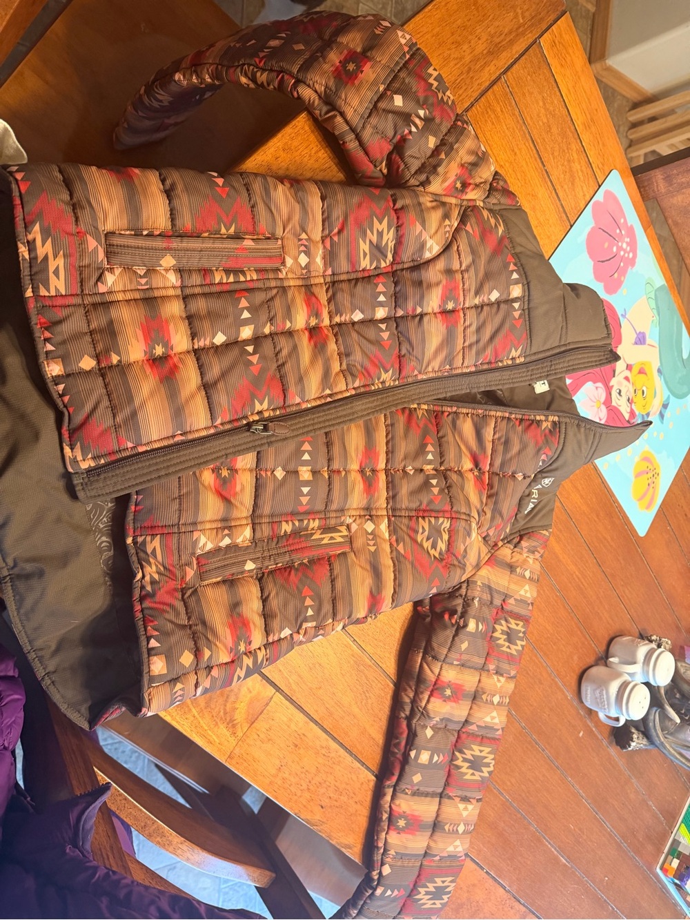 Ariat Brown Southwestern-Pattern Puffer Jacket with Red Accents